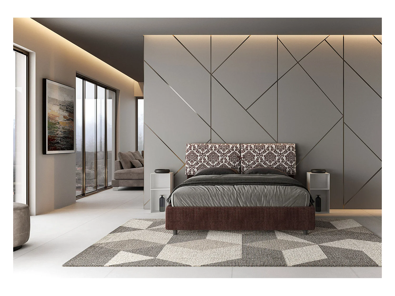 Bett mit gepolstertem Untergestell 160x190 aus Agata 4 burgunderfarbenem Mados-Stoff