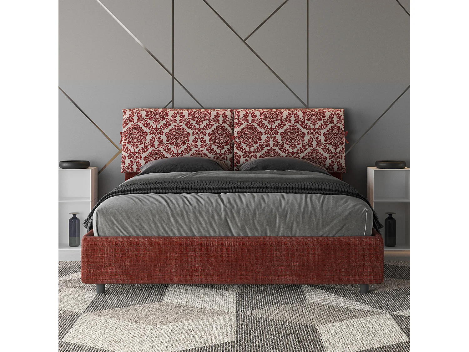 Bett mit gepolstertem Untergestell 160x190 aus Agata 4 burgunderfarbenem Mados-Stoff