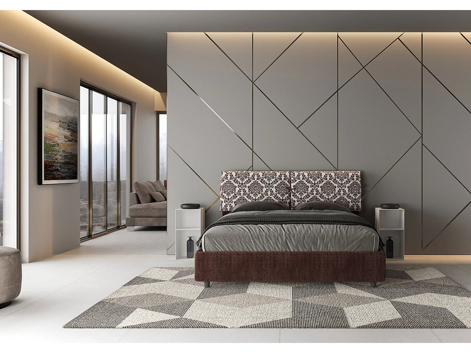 Lit avec sommier rembourré 160x190 tissu Agata 4 bordeaux Mados