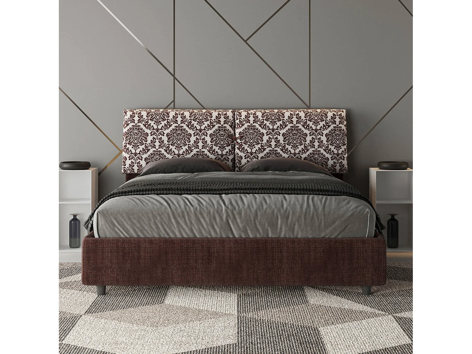 Lit avec sommier rembourré 160x190 tissu Agata 4 bordeaux Mados