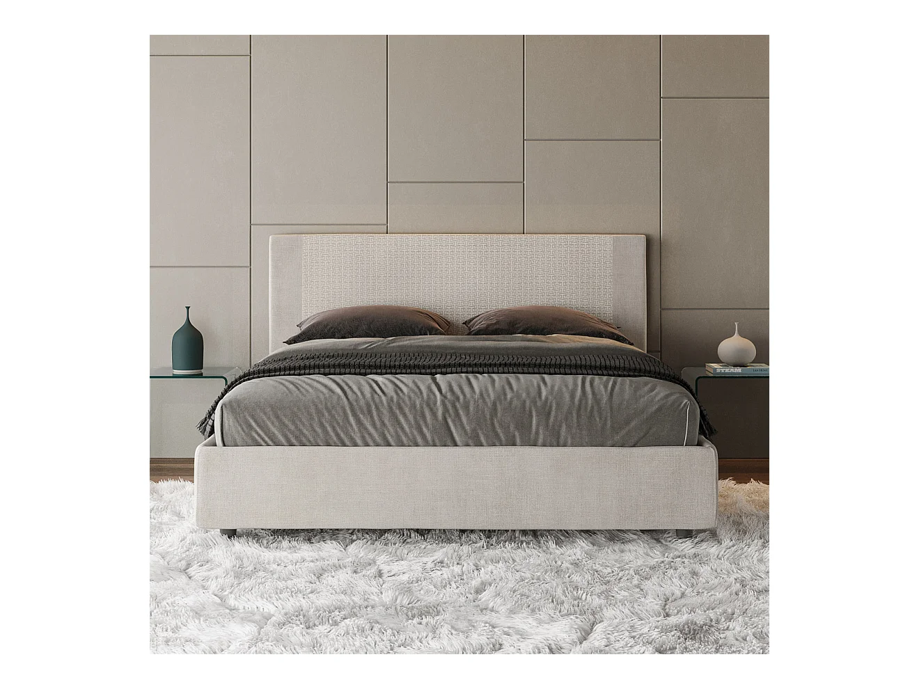 Lit avec sommier rembourrée 160x190 tissu Labirinto 01 blanc Rosal