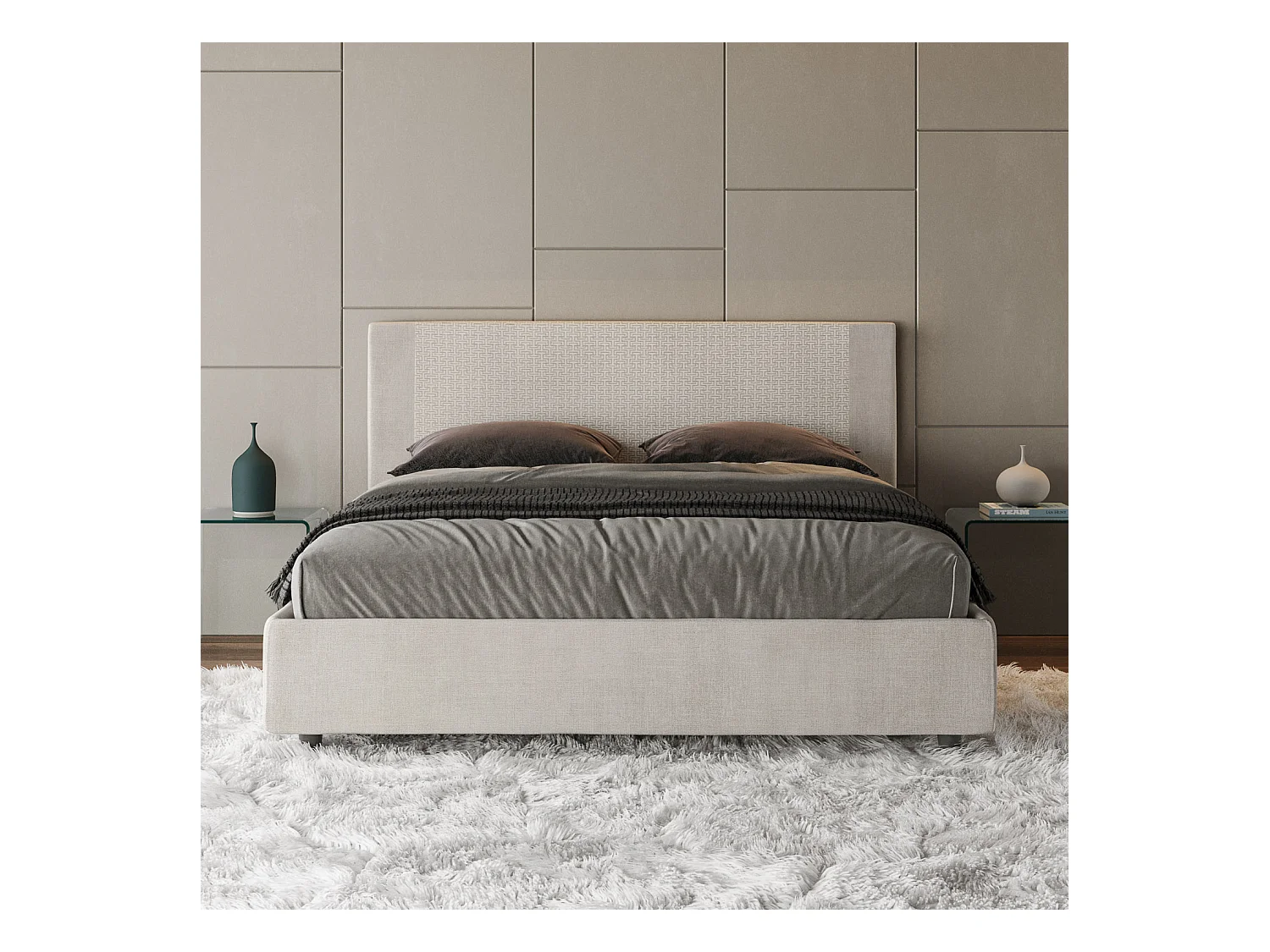 Lit sans sommier rembourré 160x210 tissu Labirinto 01 blanc Rosal