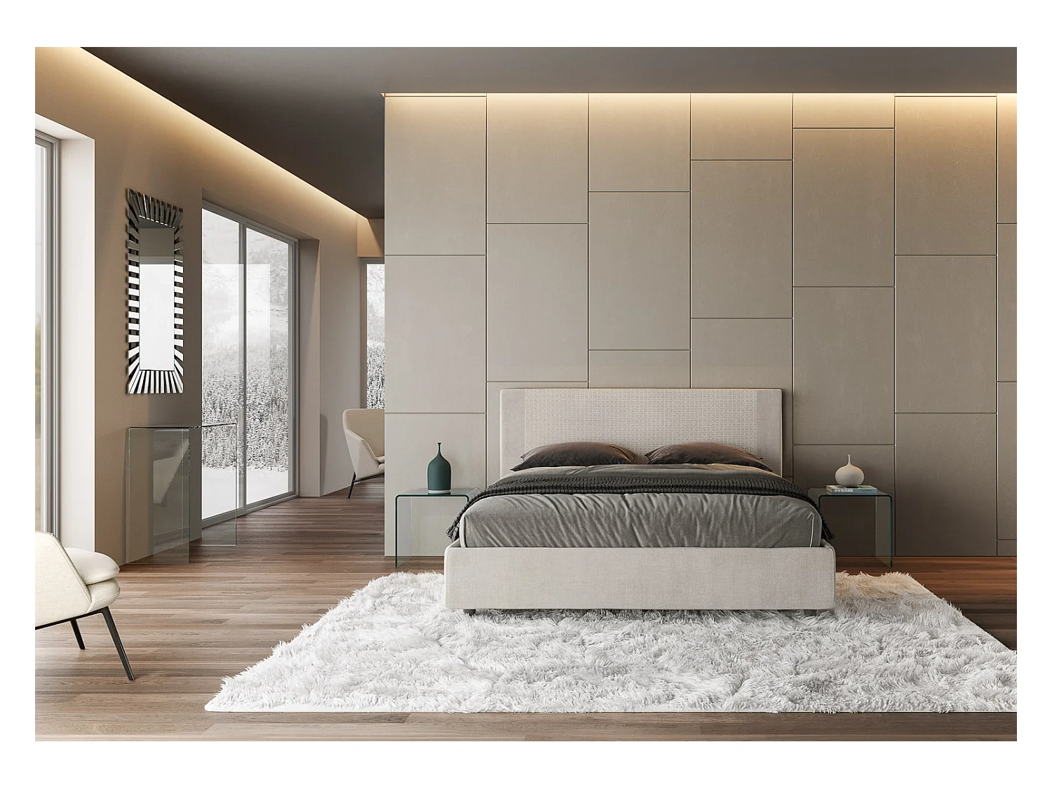 Lit sans sommier rembourré 160x210 tissu Labirinto 01 blanc Rosal