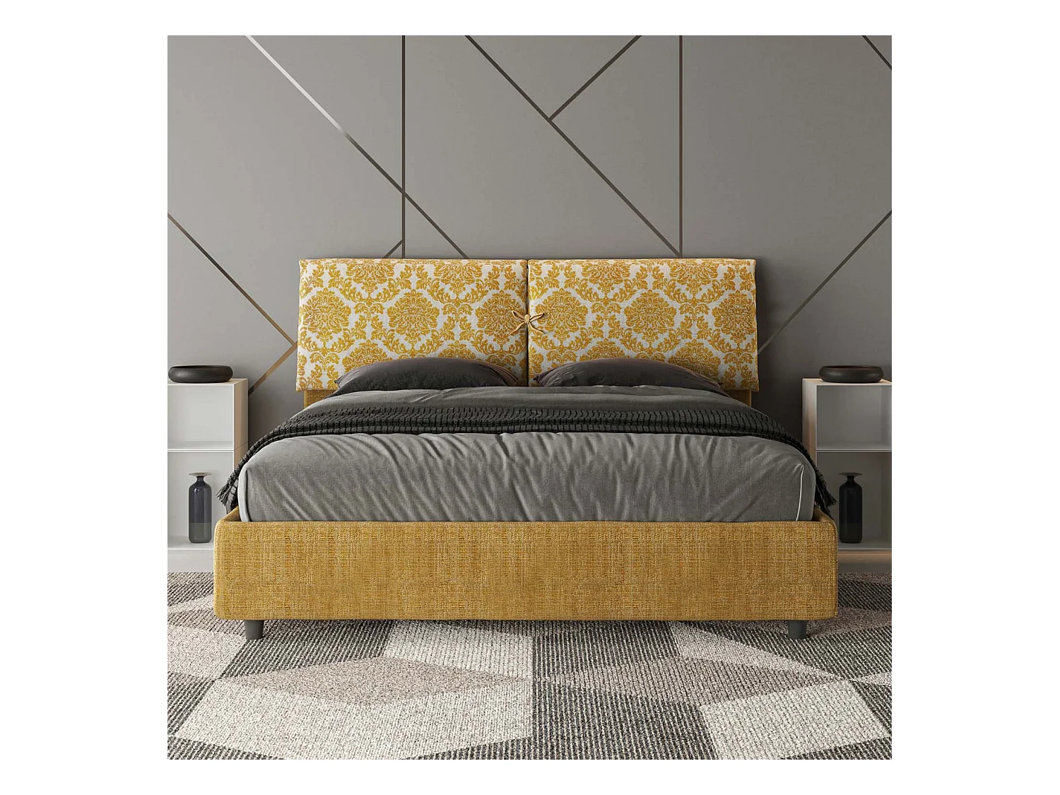 Lit avec sommier rembourrée 160x200 tissu Agata 3 jaune Mados