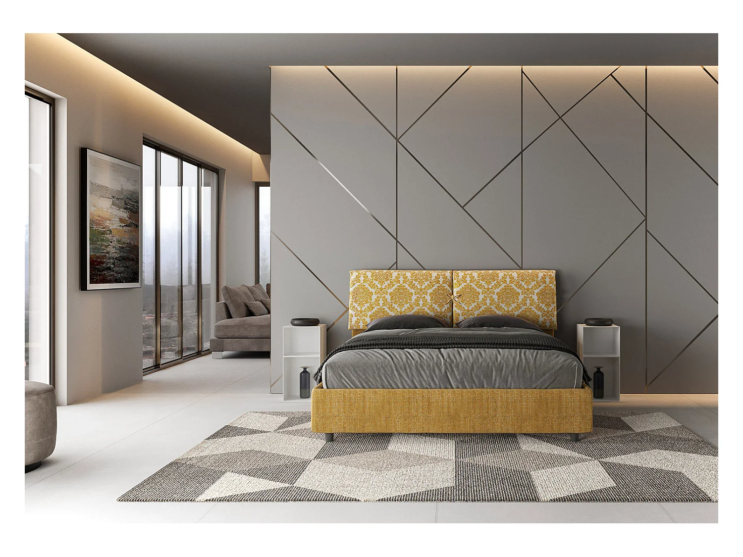 Lit avec sommier rembourrée 160x200 tissu Agata 3 jaune Mados