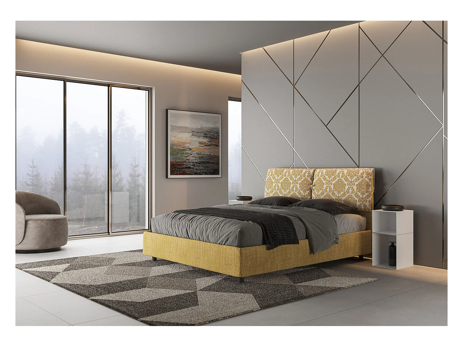 Lit avec sommier rembourrée 160x200 tissu Agata 3 jaune Mados