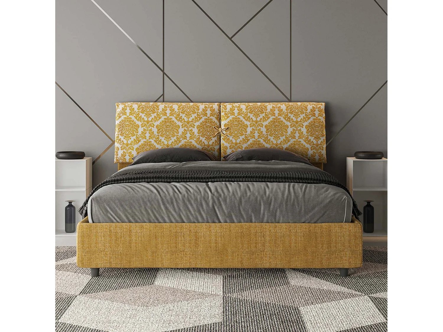 Lit avec sommier rembourré 160x200 tissu Agata 3 jaune Mados