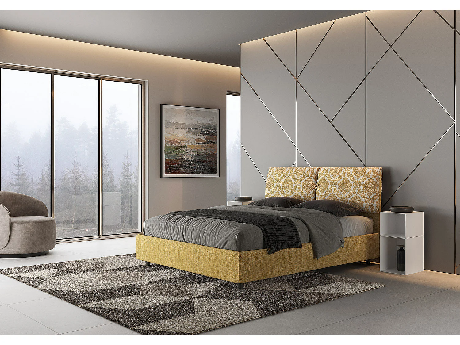 Lit avec sommier rembourré 160x200 tissu Agata 3 jaune Mados