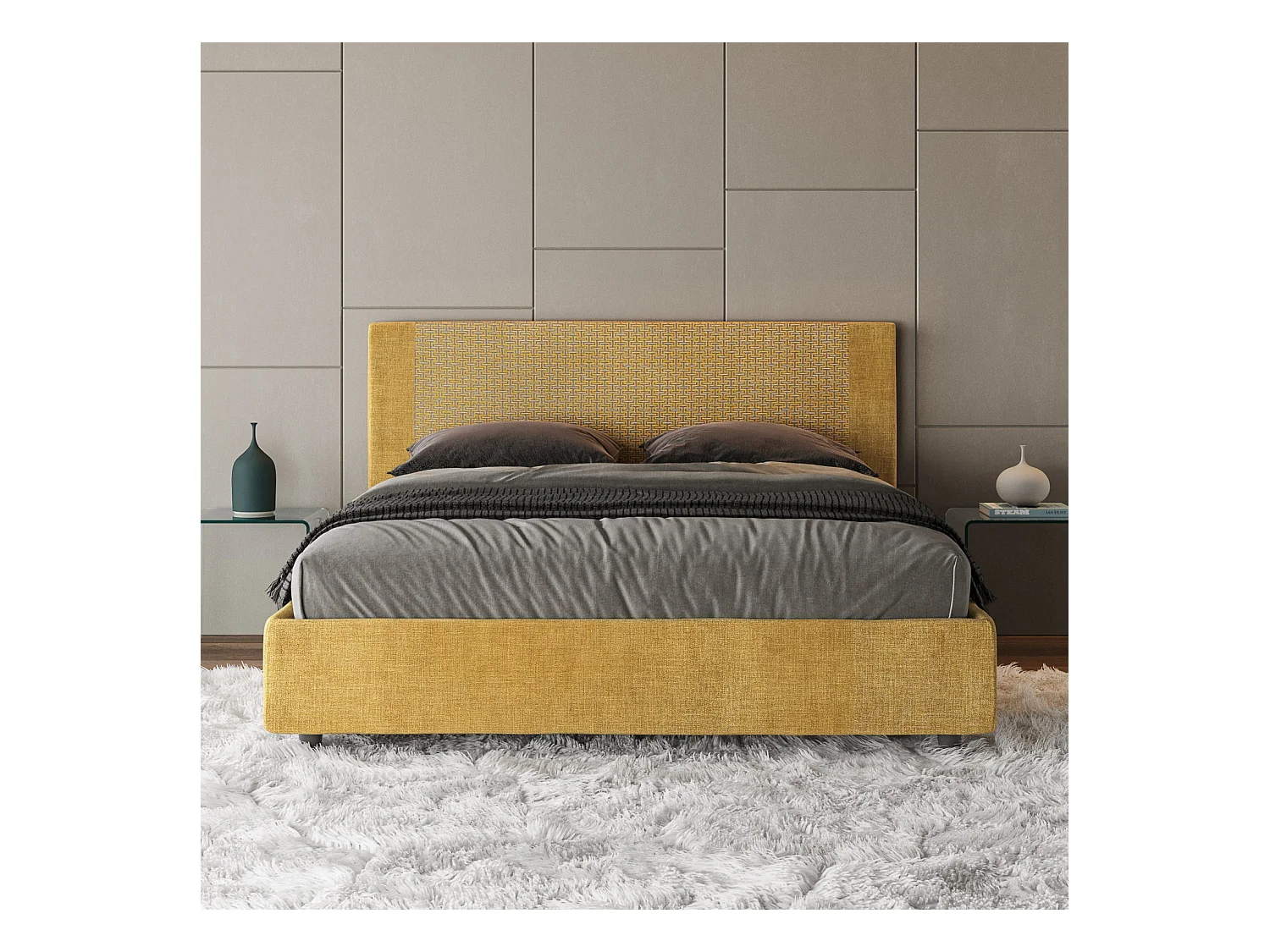 Letto con rete imbottito 160x190 tessuto Labirinto 06 giallo Rosal