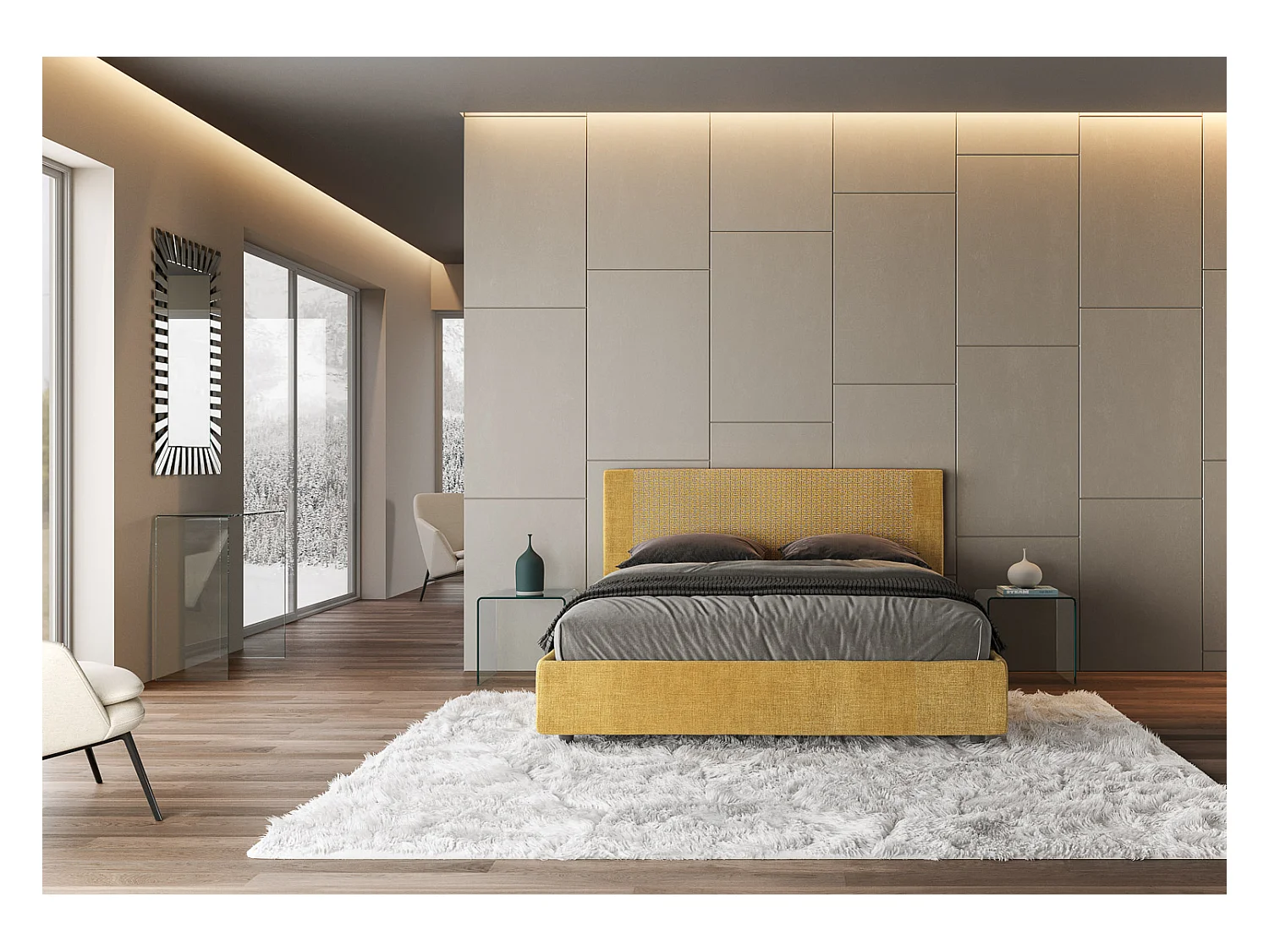 Letto con rete imbottito 160x190 tessuto Labirinto 06 giallo Rosal