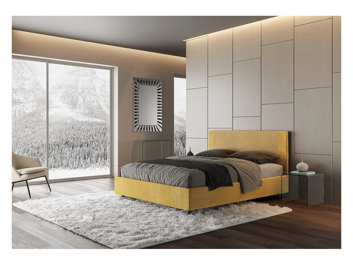 Letto con rete imbottito 160x190 tessuto Labirinto 06 giallo Rosal