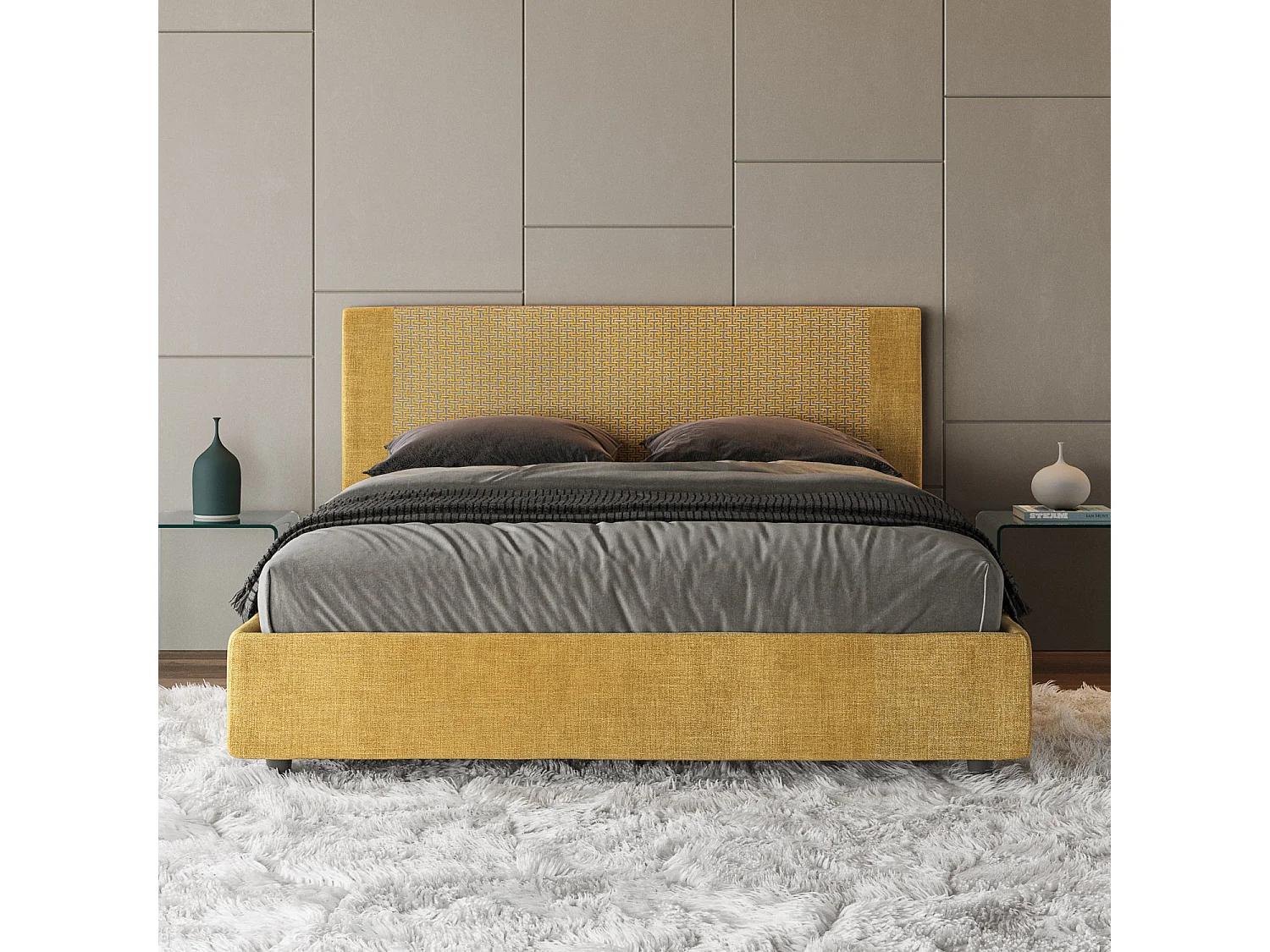 Lit avec sommier rembourré 160x190 tissu Labirinto 06 jaune Rosal