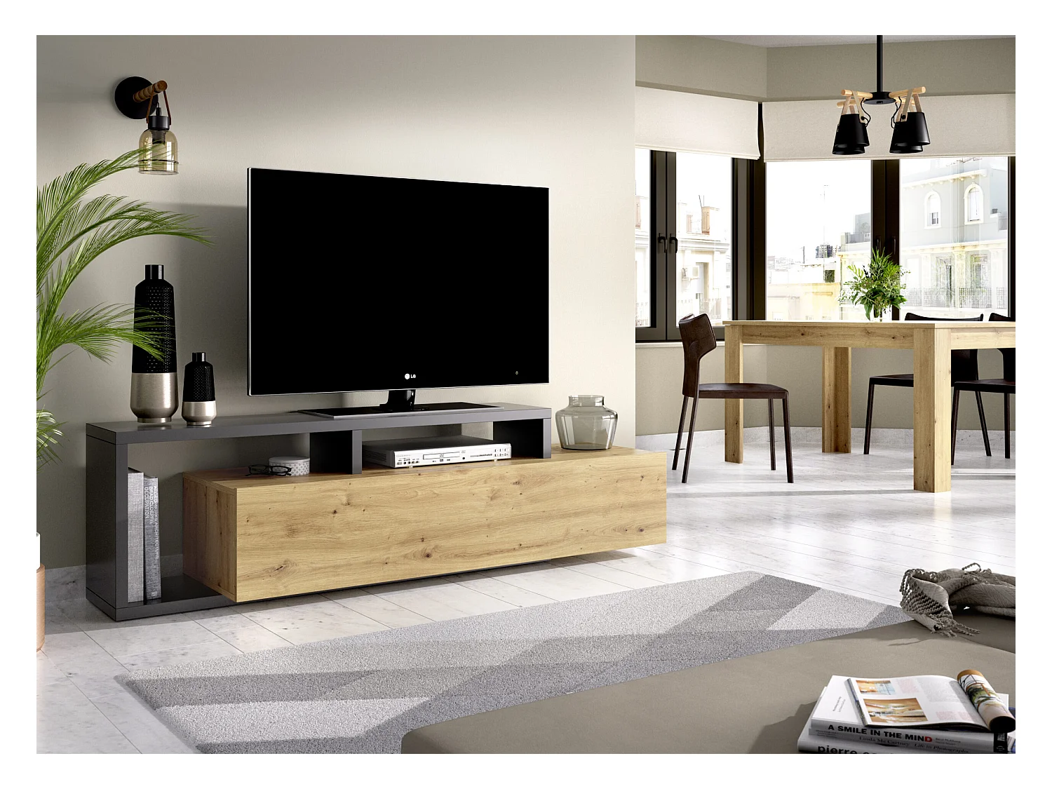 Mueble bajo TV Kram 1 puerta grafito/nordic 47x165x40 cm