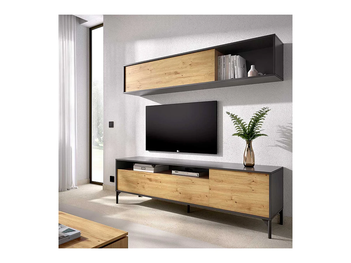 Kompakte TV-Kommode Bonn Nordic/Grafito mit Integrierter Aufbewahrung - Moderner und Funktionaler Stil