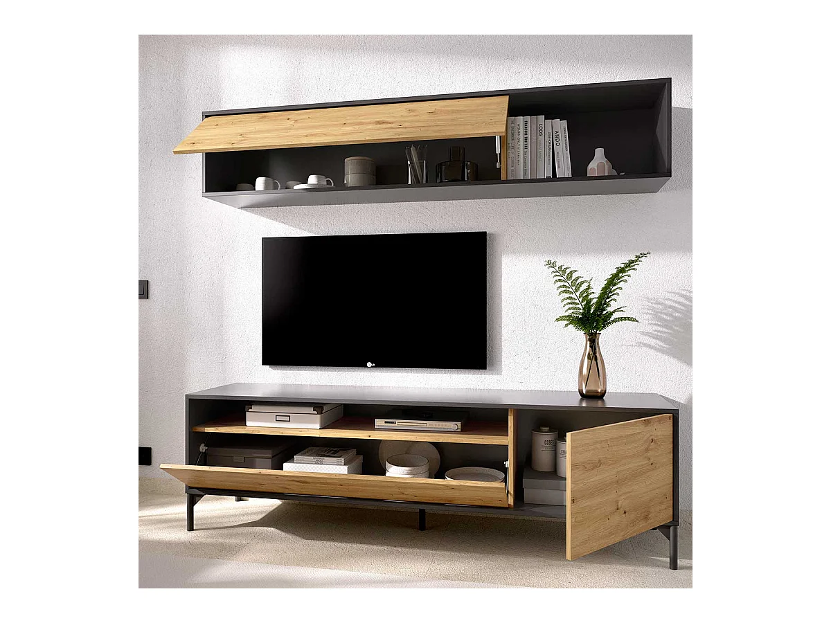 Kompakte TV-Kommode Bonn Nordic/Grafito mit Integrierter Aufbewahrung - Moderner und Funktionaler Stil