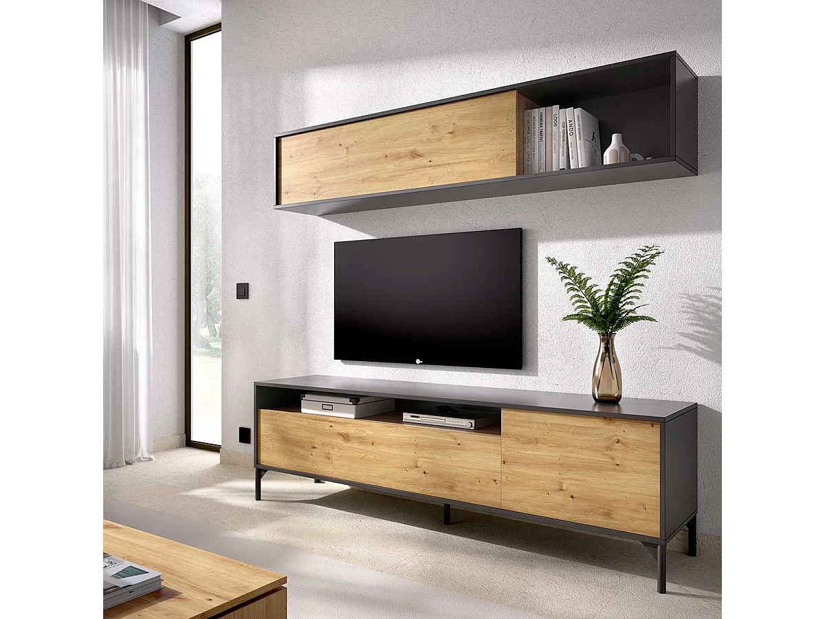 Meuble TV Compact Bonn Nordic/Grafito avec Rangement Intégré - Style Moderne et Fonctionnel