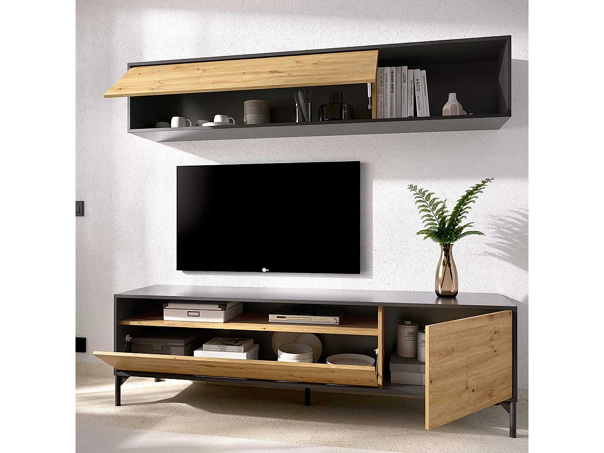 Meuble TV Compact Bonn Nordic/Grafito avec Rangement Intégré - Style Moderne et Fonctionnel