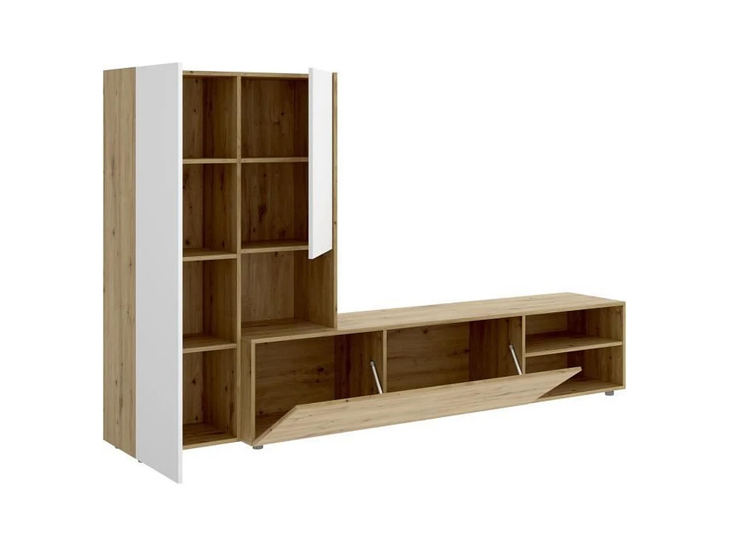 TVWandeinheit – CraftsmanEiche und mattweißes Melamin – 3 Türen – 227 x 42 x 141 cm