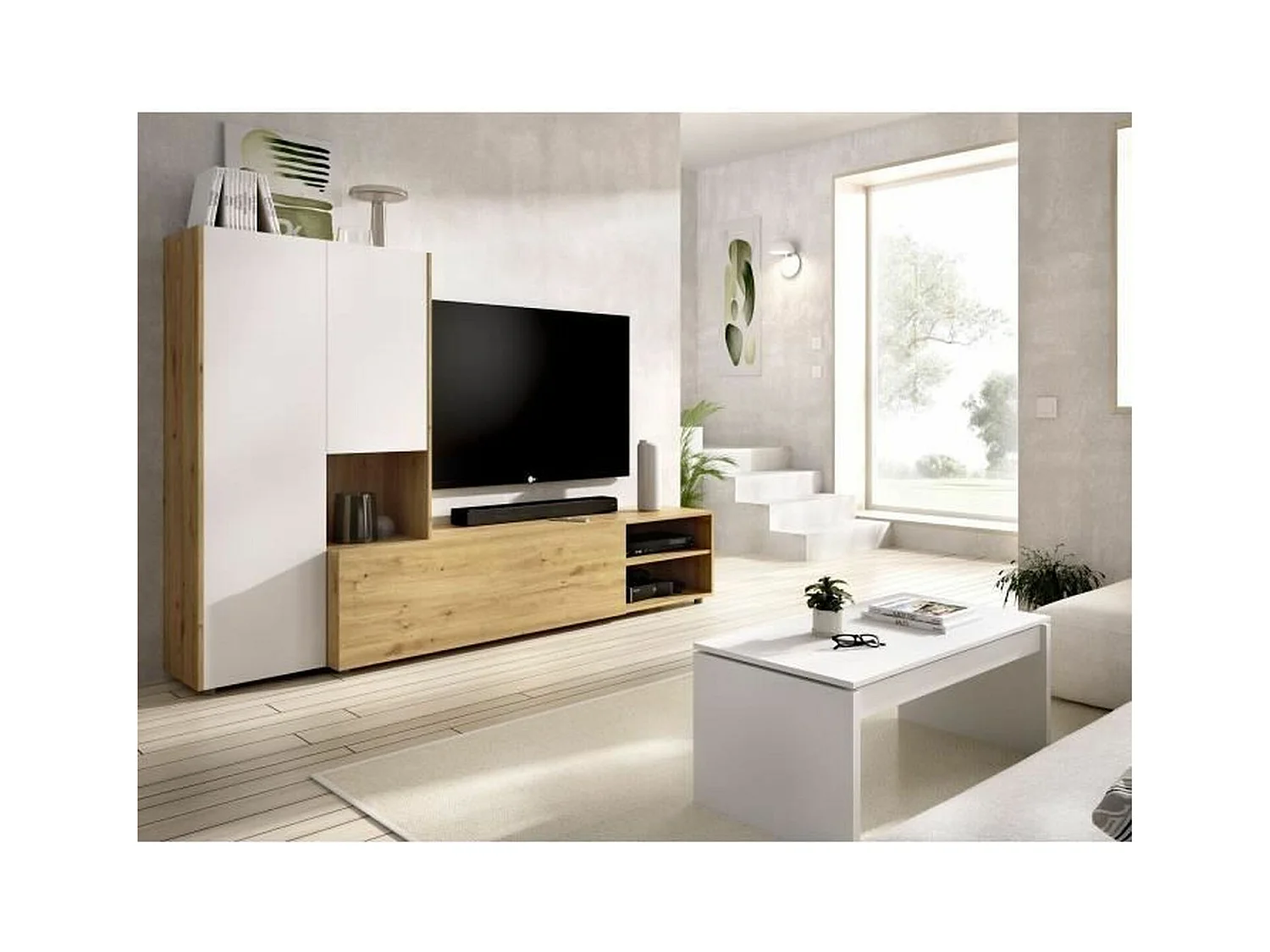 TVWandeinheit – CraftsmanEiche und mattweißes Melamin – 3 Türen – 227 x 42 x 141 cm