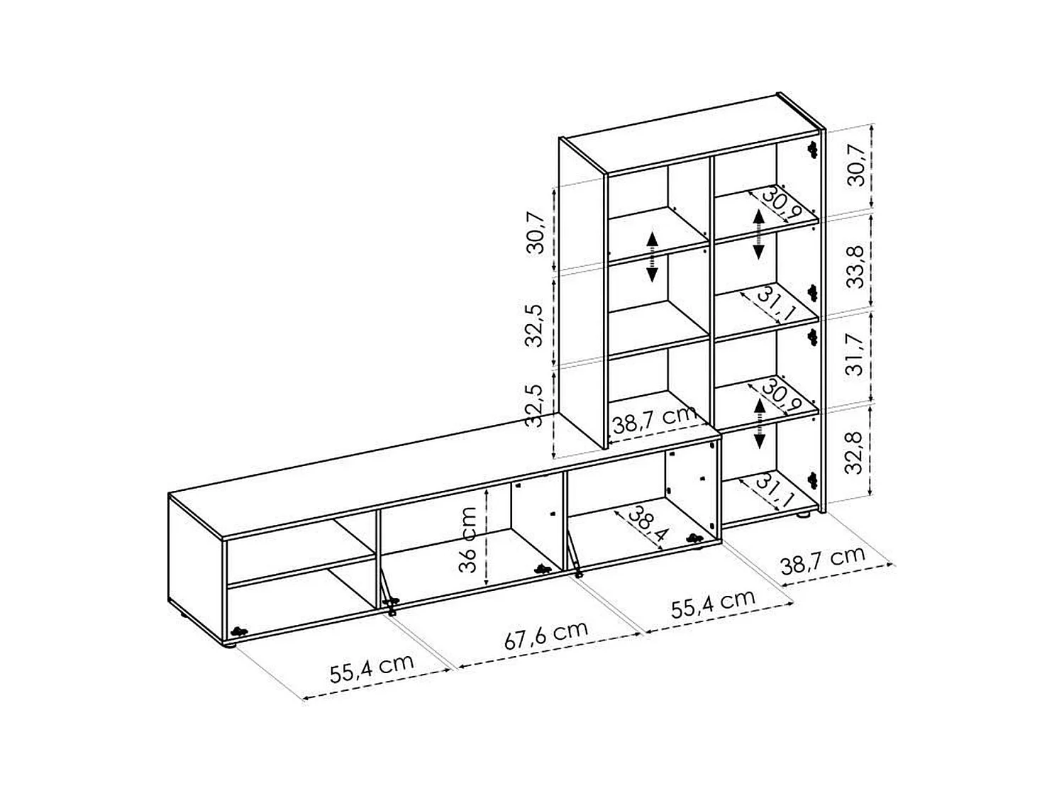 TVWandeinheit – CraftsmanEiche und mattweißes Melamin – 3 Türen – 227 x 42 x 141 cm