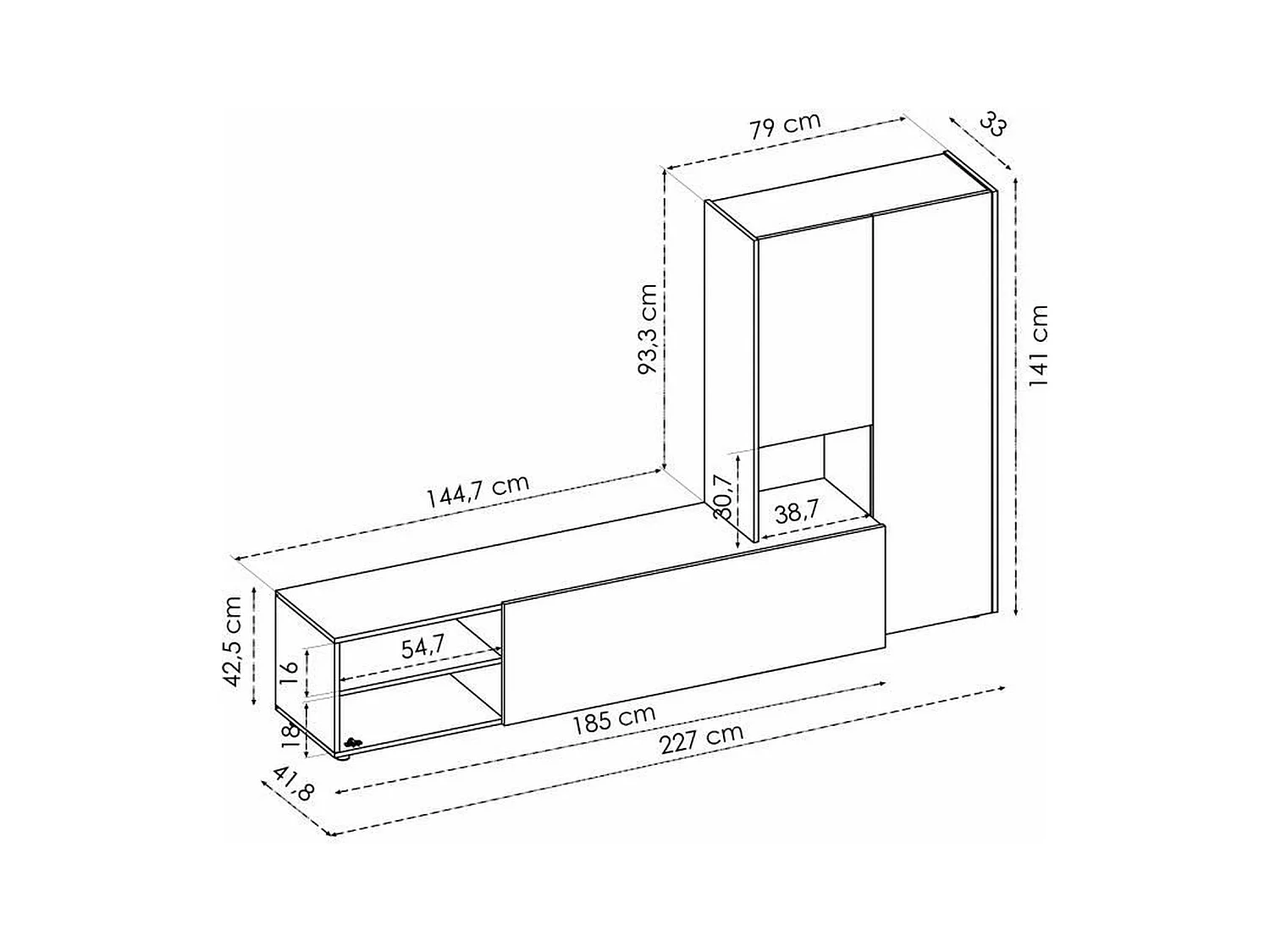 TVWandeinheit – CraftsmanEiche und mattweißes Melamin – 3 Türen – 227 x 42 x 141 cm