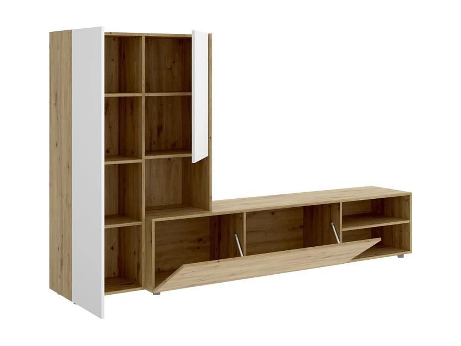 Meuble TV paroi murale - Mélaminé chêne artisan et blanc mat - 3 portes - 227 x 42 x 141 cm