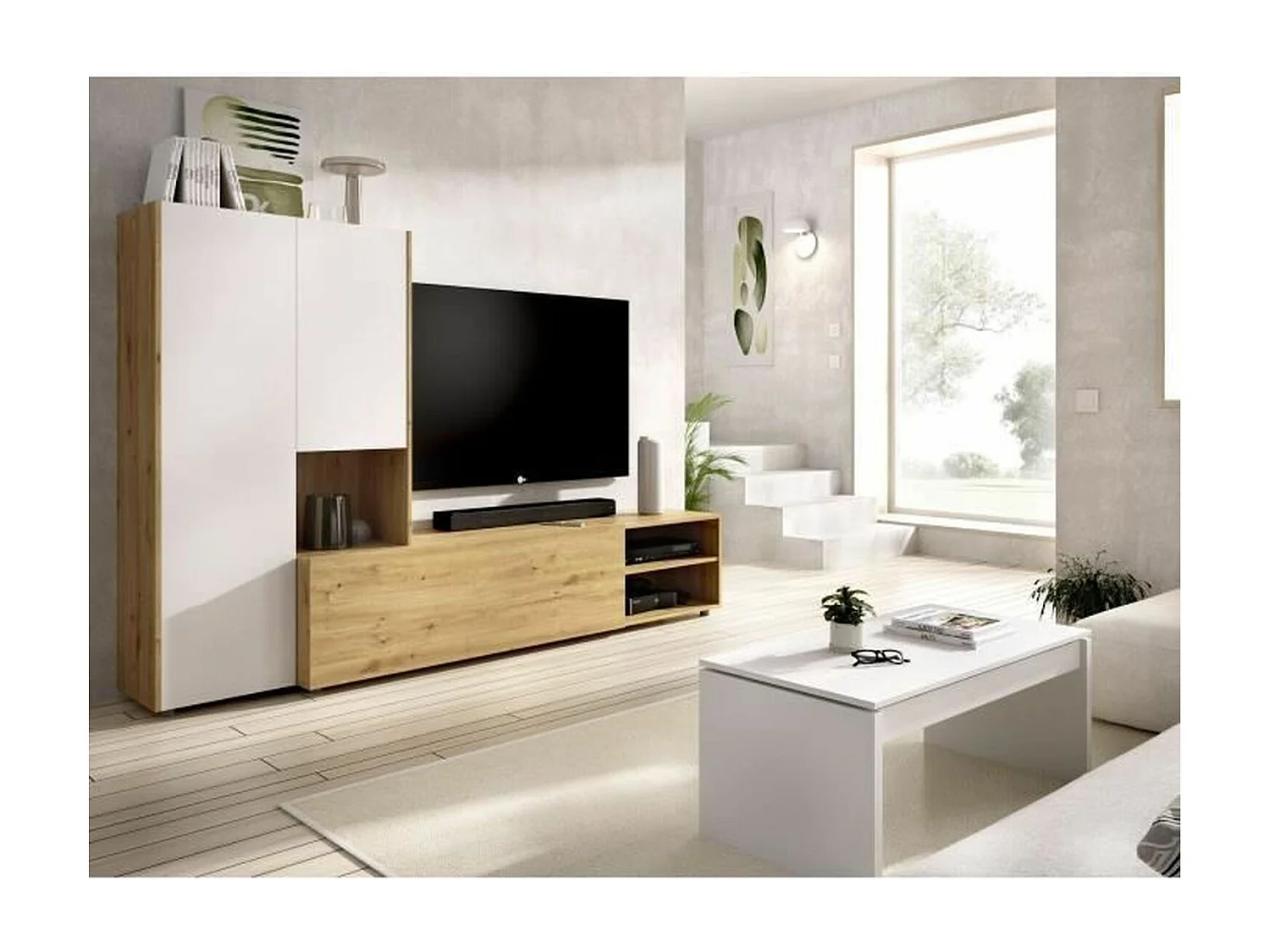 Meuble TV paroi murale - Mélaminé chêne artisan et blanc mat - 3 portes - 227 x 42 x 141 cm