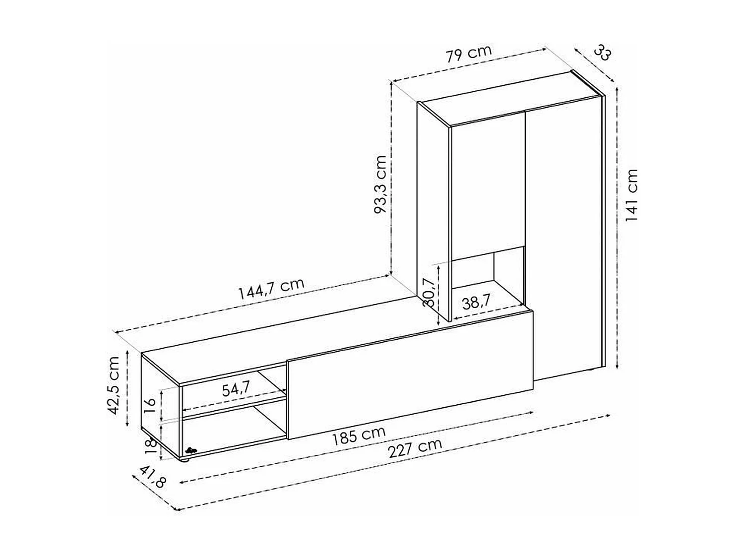 Meuble TV paroi murale - Mélaminé chêne artisan et blanc mat - 3 portes - 227 x 42 x 141 cm
