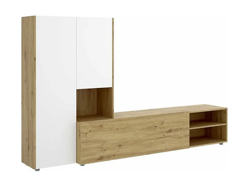 TVWandeinheit – CraftsmanEiche und mattweißes Melamin – 3 Türen – 227 x 42 x 141 cm