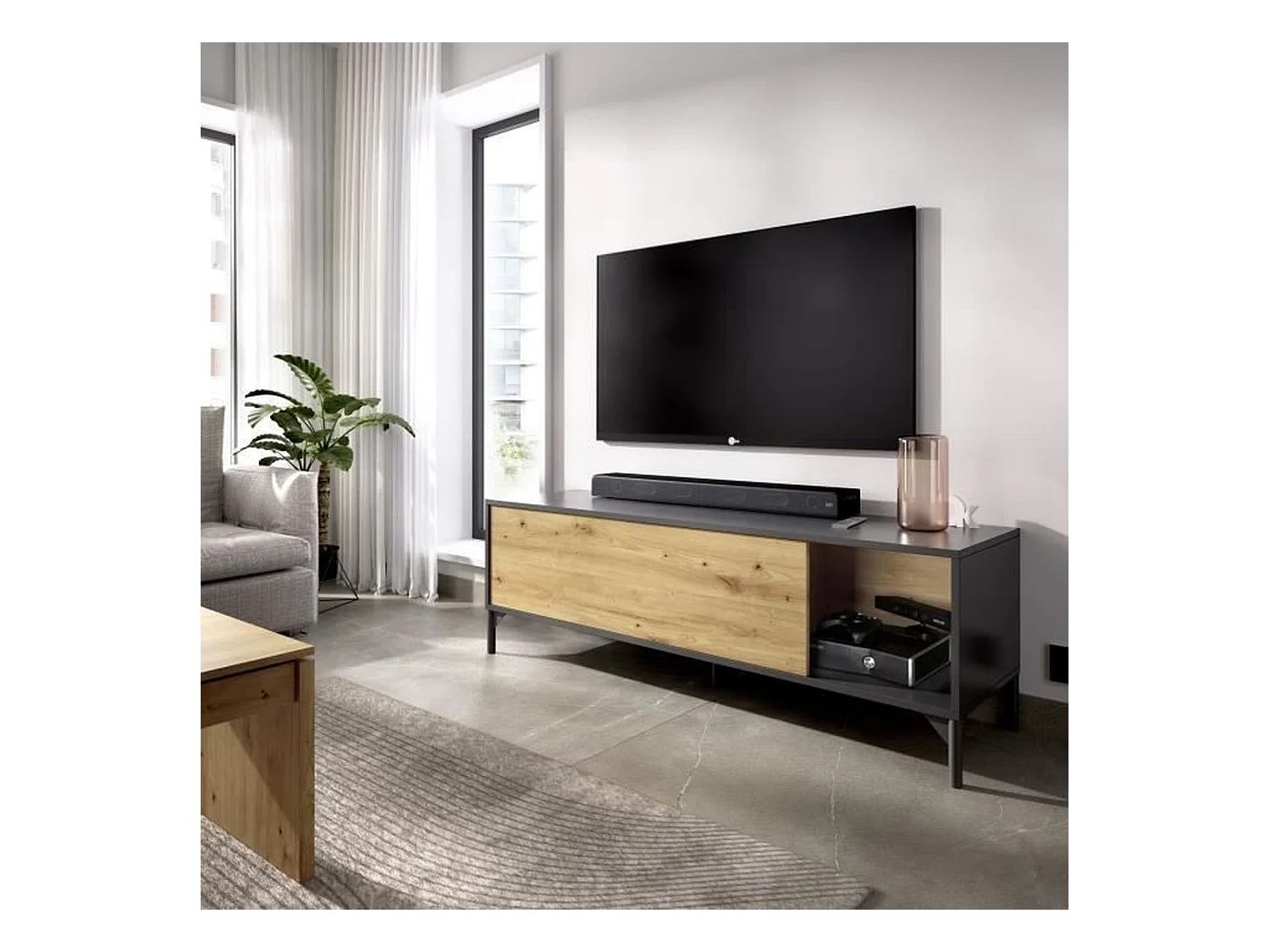 LAK TVSchrank – CraftsmanEiche und anthrazitfarbenes Melamin – 1 Tür – 133 x 39 x 45 cm