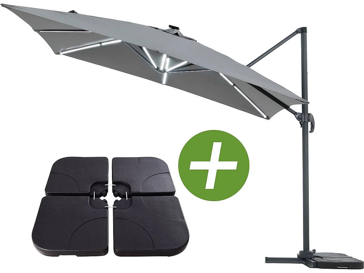 Deportierten Gartensonnenschirm  mit LED-Beleuchtung "Sun 4 Luxe" - Rechteck - 3 x 4 m - Grau - Gewichtete Platten inklusive