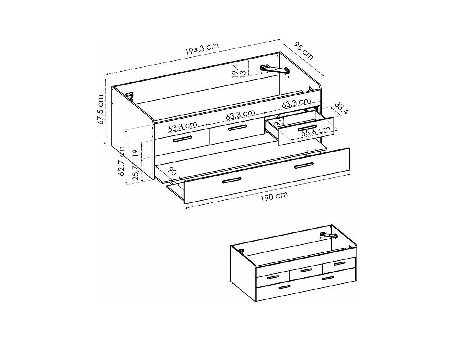 Cama nido Leka con 3 cajones blanco 68x194x95 cm