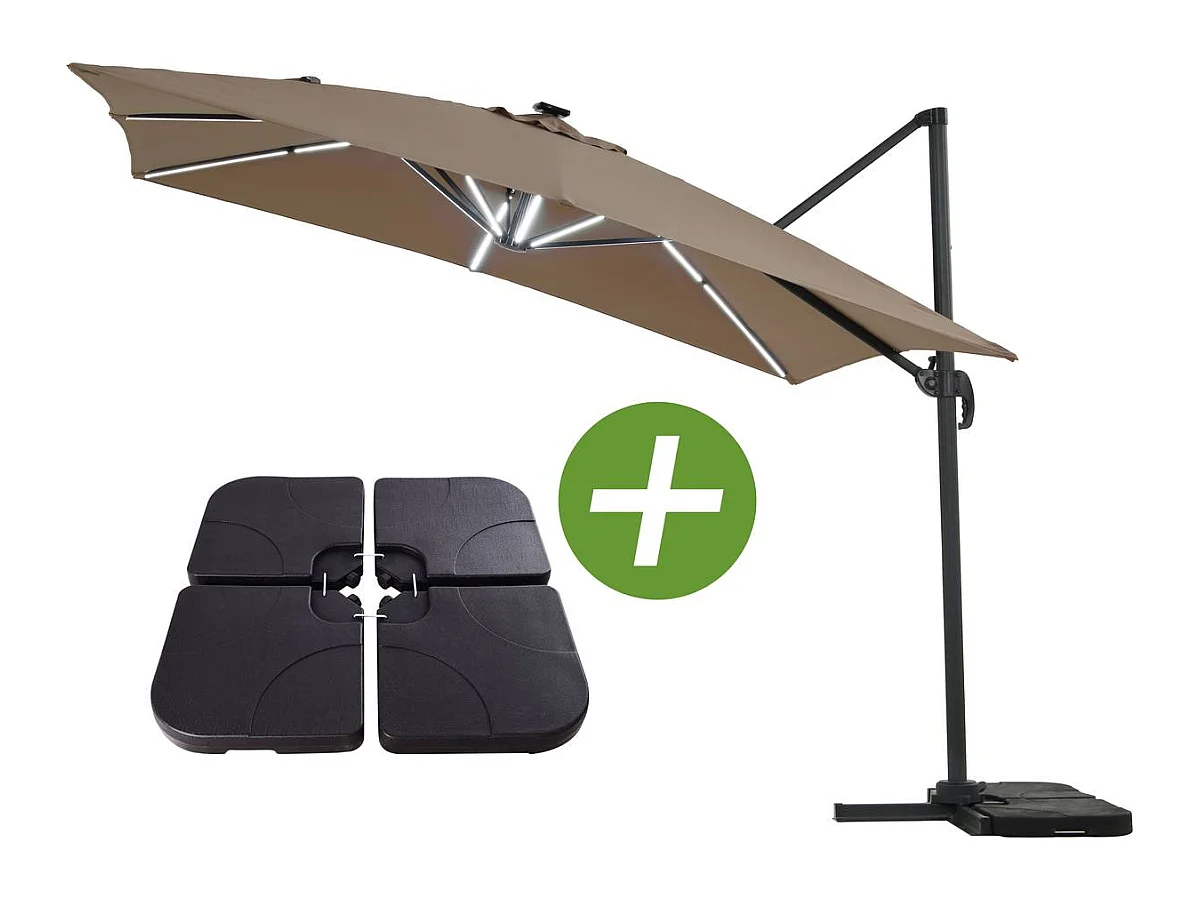 Ombrellone da esterno LED Alu "Sun 4 Luxe" - Rettangolo - 3 x 4 m - Taupe - Lastre pesate incluse