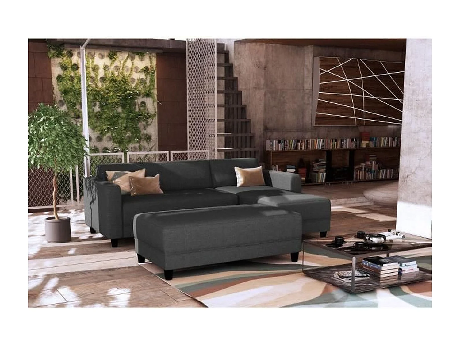 Canapé d'angle fixe 3 places + Banc - Tissu Anthracite - L 197 x P 138 x H 65 cm - BOB