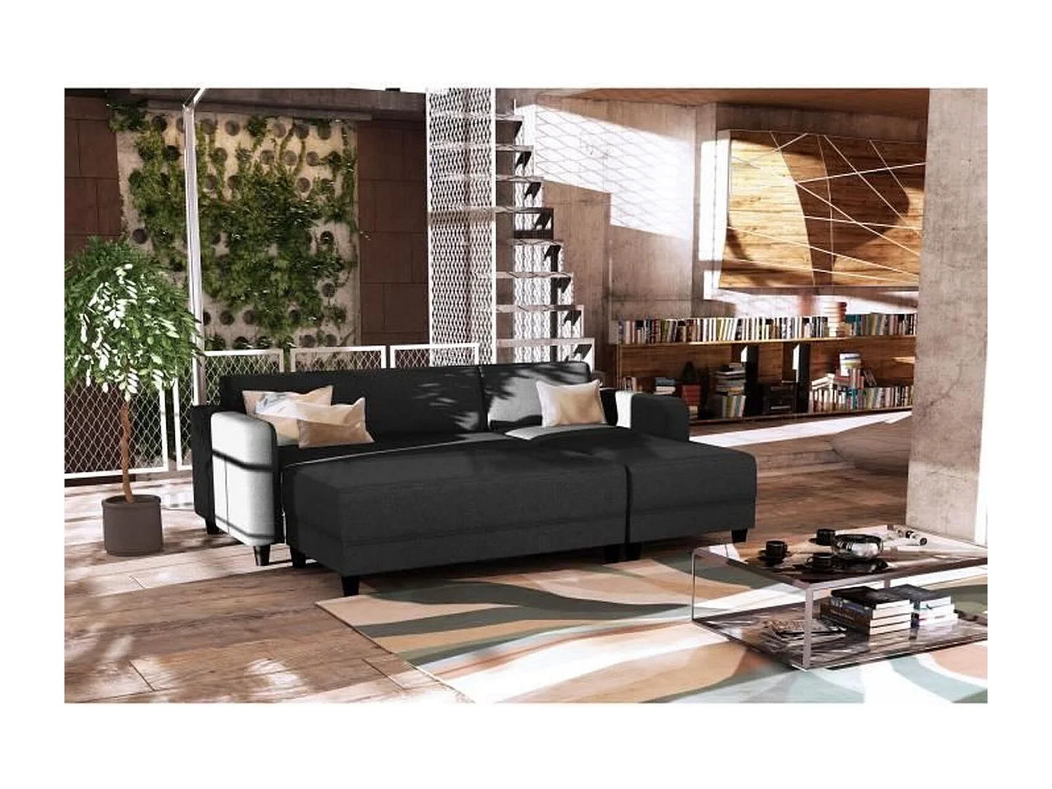 Canapé d'angle fixe 3 places + Banc - Tissu Anthracite - L 197 x P 138 x H 65 cm - BOB