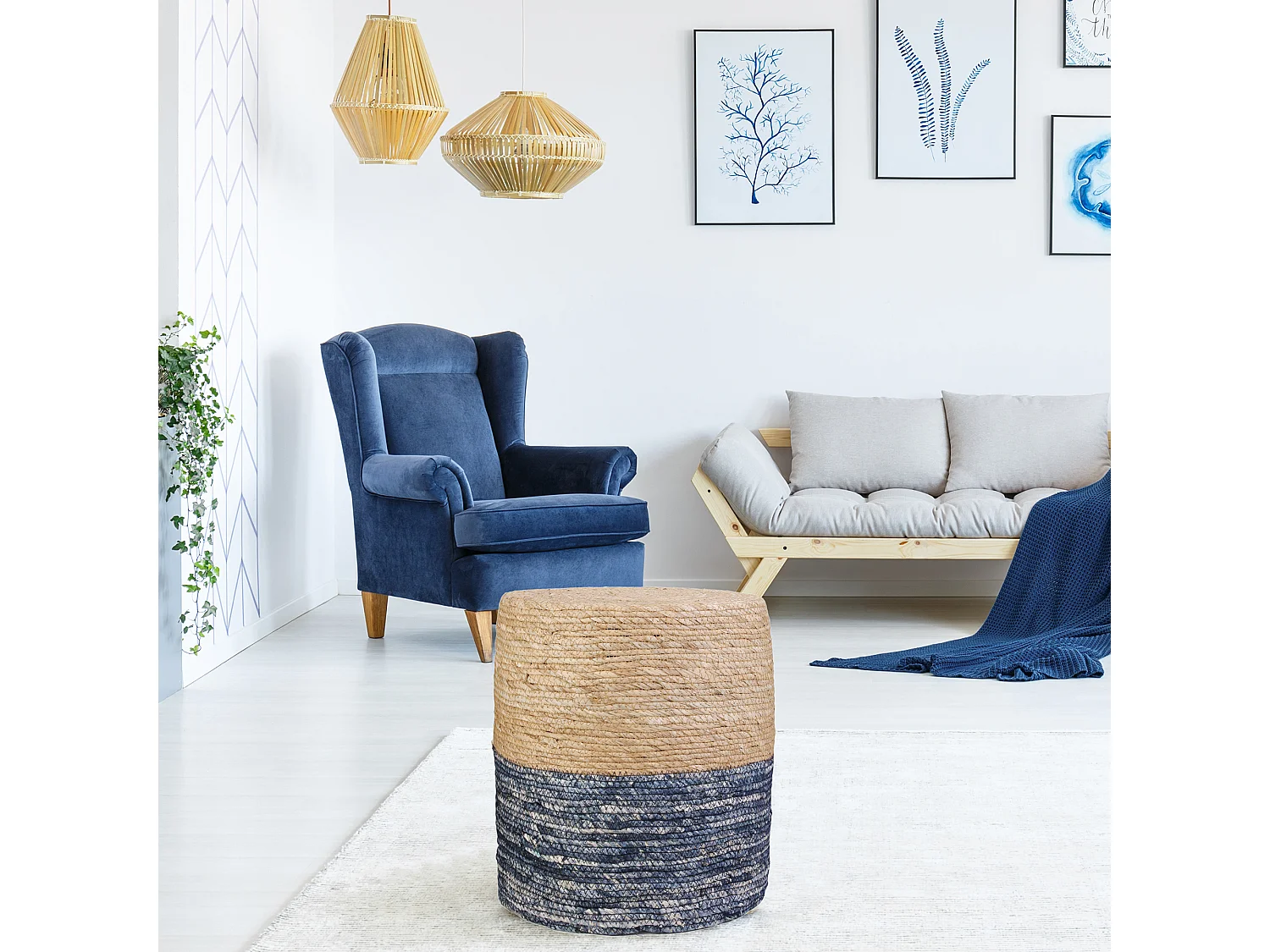 Pouf Design "Blue Lagoon" 41cm Naturel & Bleu