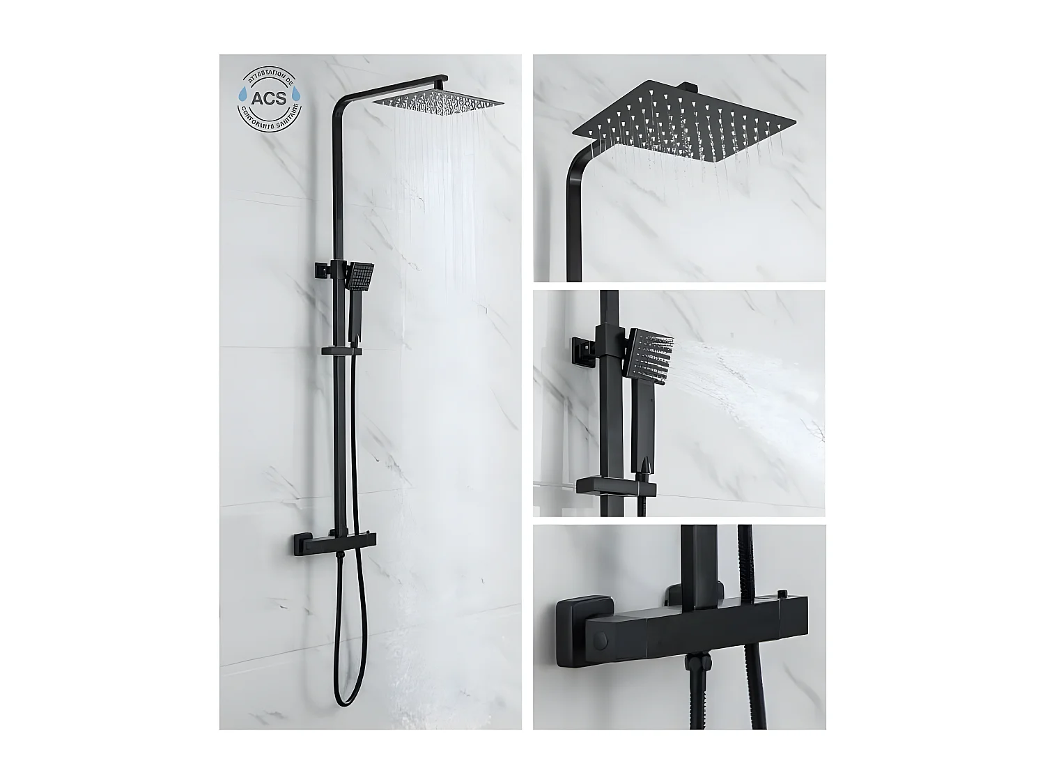 Columna de ducha Negro Mate con Mezclador Termostático y Cabezal Alto Rectangular 30x20 cm