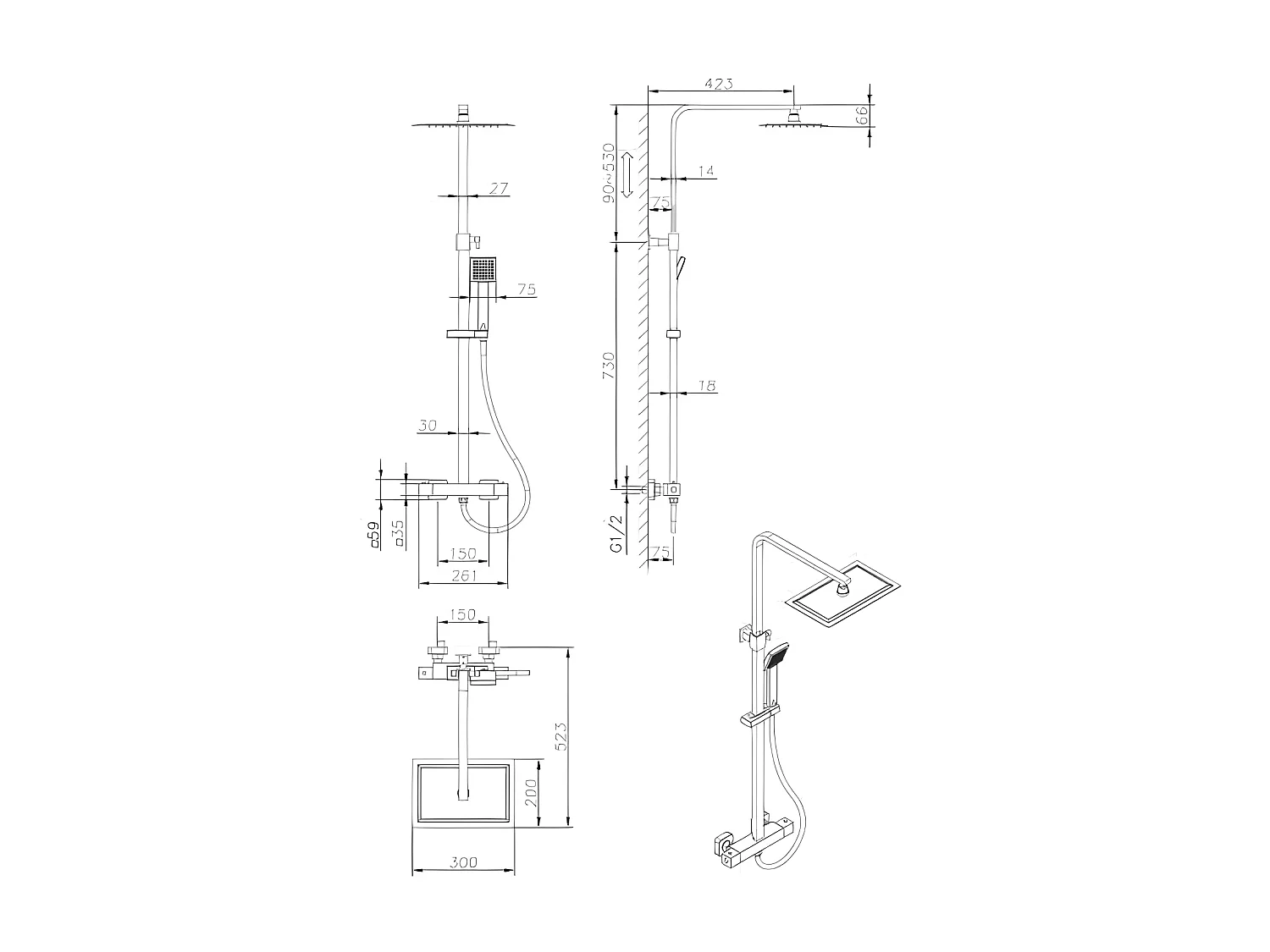 Columna de ducha Negro Mate con Mezclador Termostático y Cabezal Alto Rectangular 30x20 cm