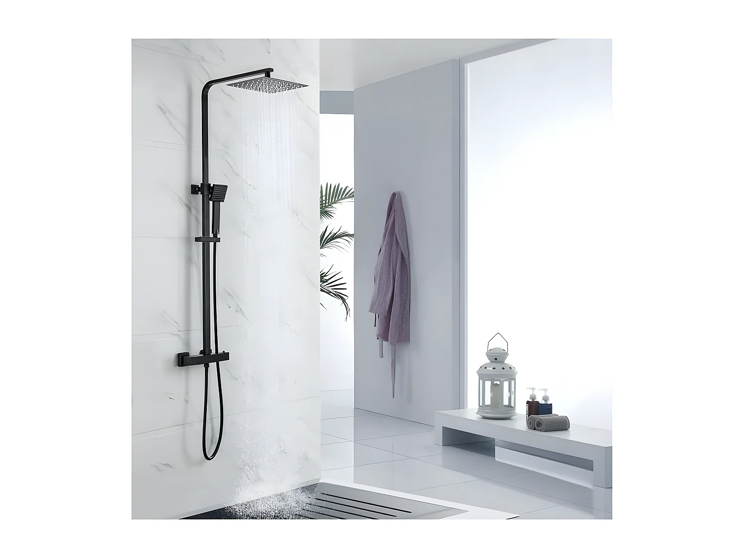 OCEANIC Colonne de douche - Mitigeur thermostatique - Pomme haute rectangle 30x20 cm - Noir mat