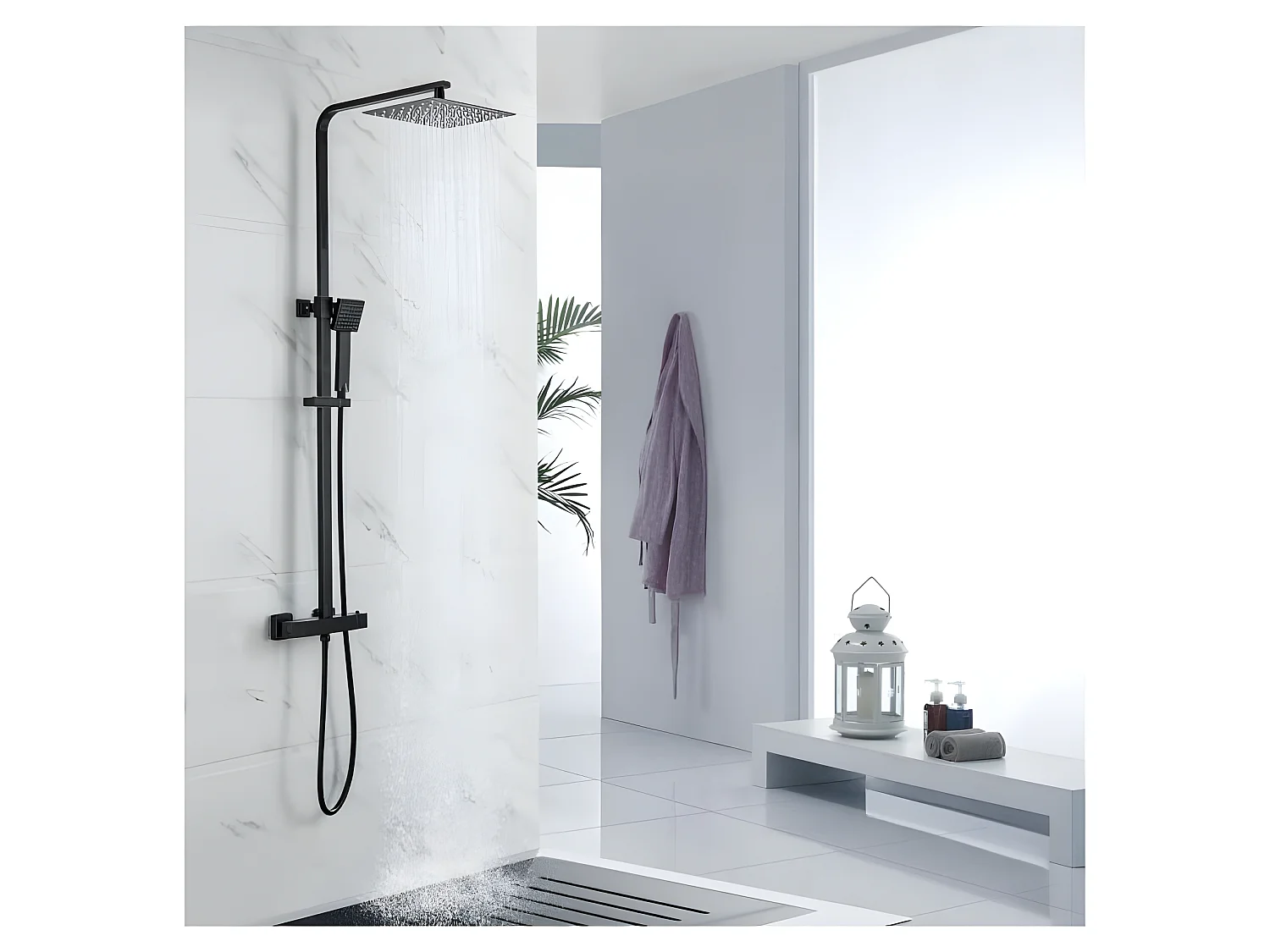 Colonna Doccia Nero Opaco con Miscelatore Termostatico e Soffione Alto Rettangolare 30x20 cm