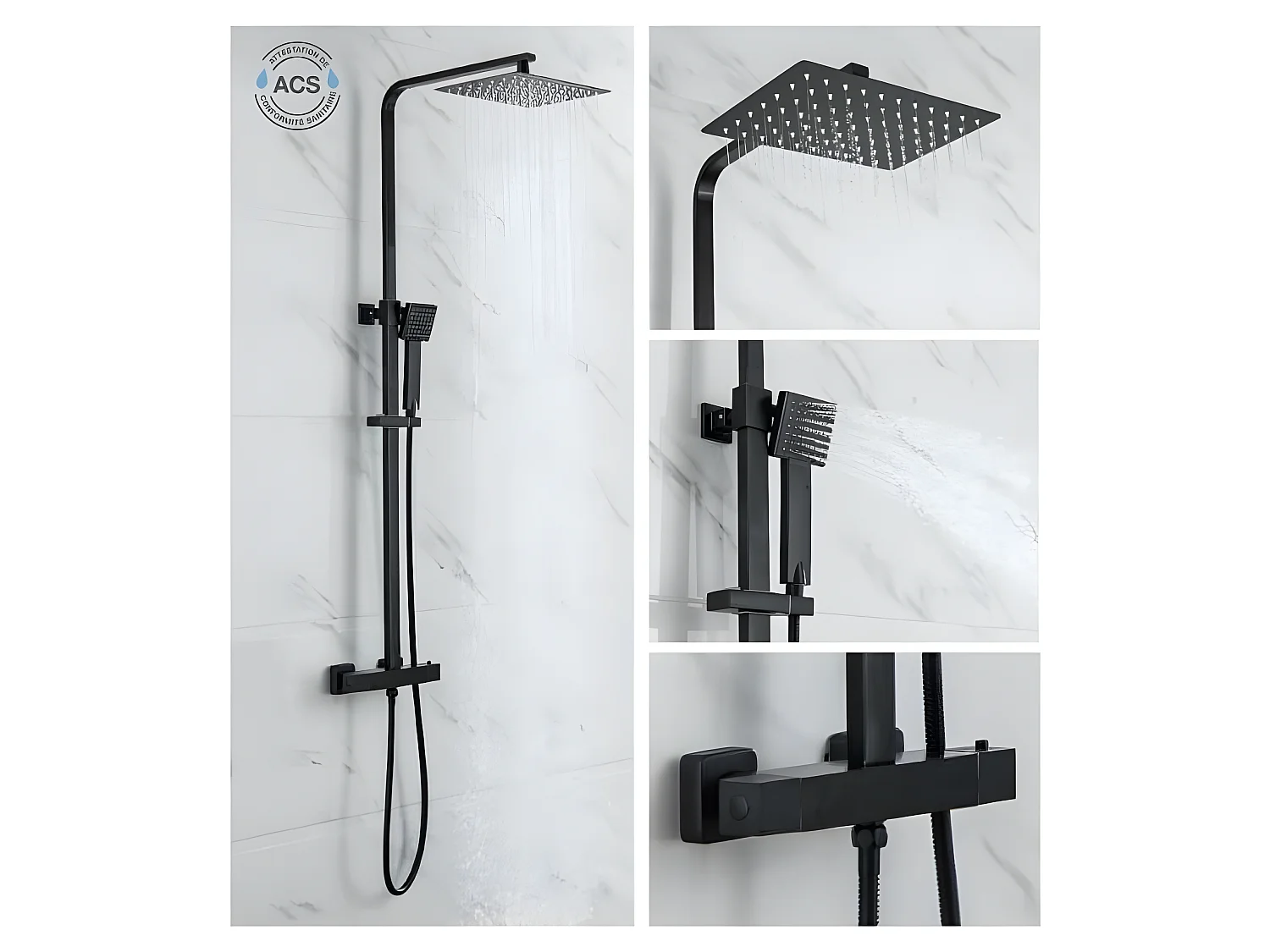 Colonna Doccia Nero Opaco con Miscelatore Termostatico e Soffione Alto Rettangolare 30x20 cm