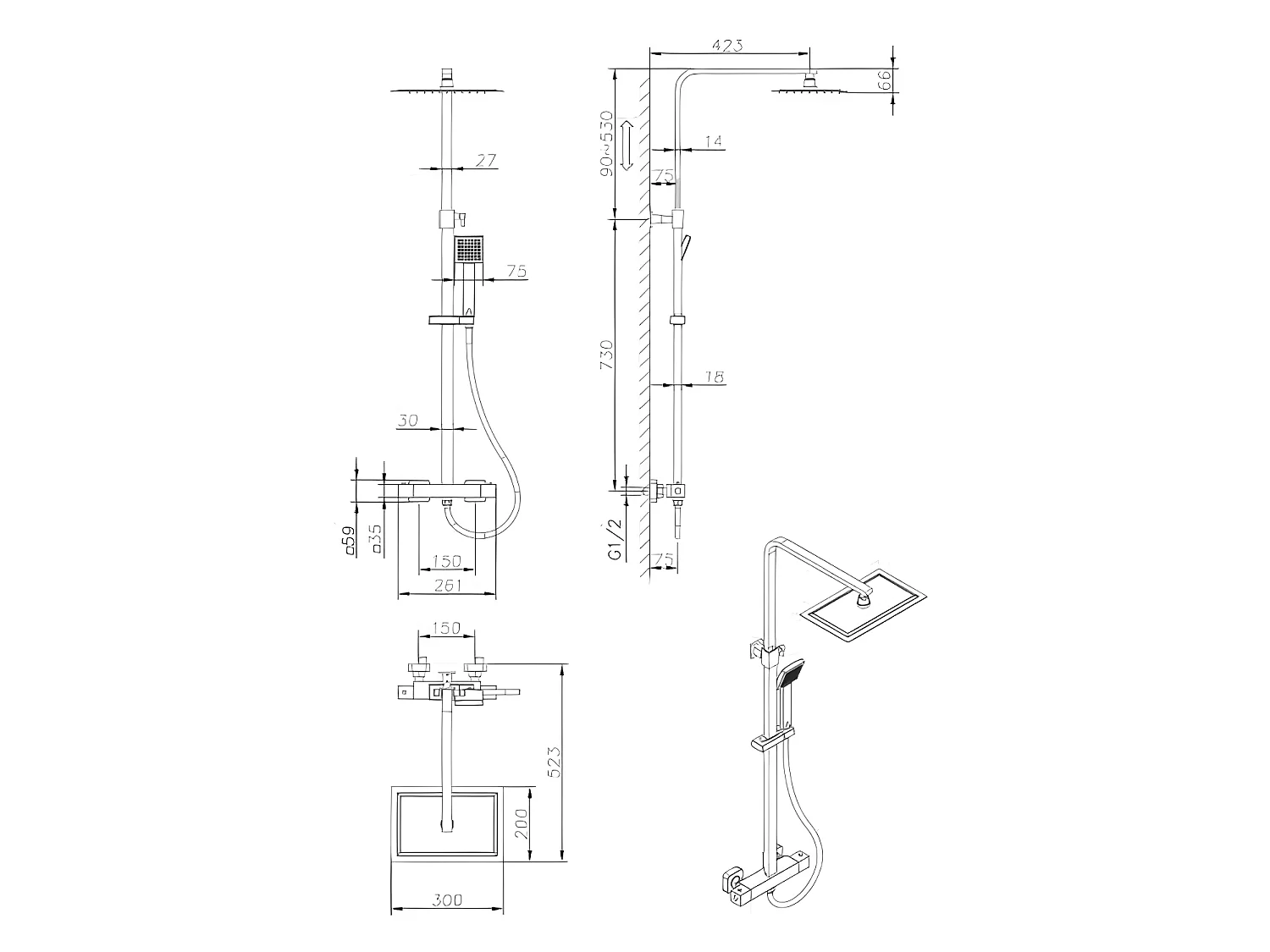 Colonna Doccia Nero Opaco con Miscelatore Termostatico e Soffione Alto Rettangolare 30x20 cm