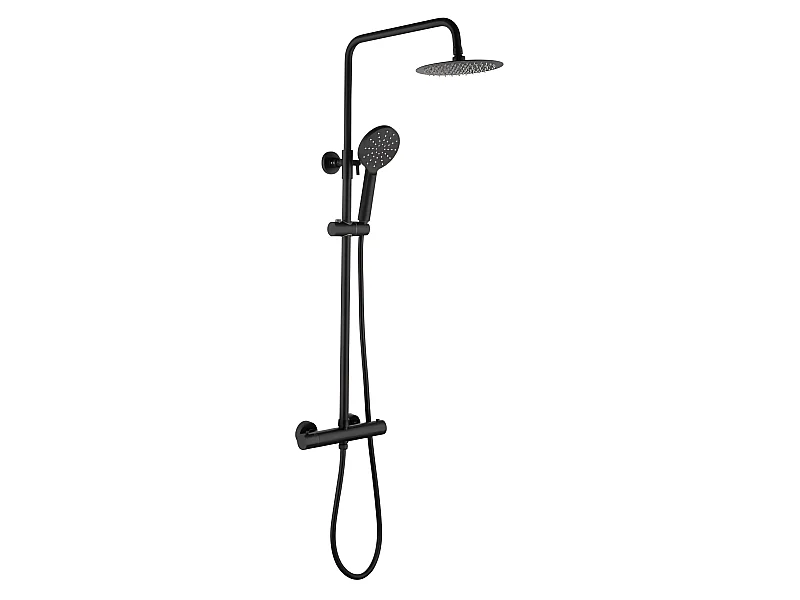 Schwarze Thermostat-Duschsäule mit rundem, hohem Duschkopf von 20 cm