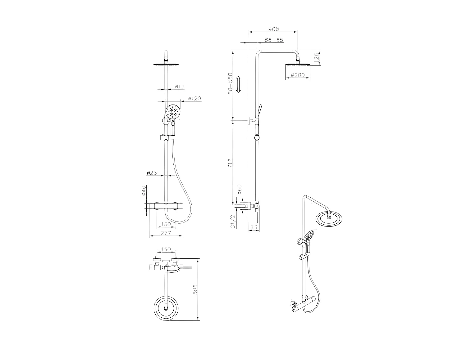 Coluna de duche termostática preta com chuveiro redondo alto de 20 cm