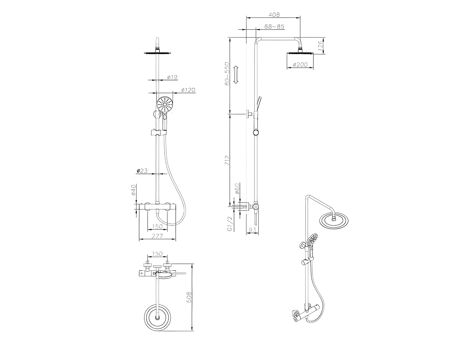 OCEANIC Colonne de douche - Mitigeur thermostatique - Pomme haute ronde diametre 20 cm - Noir mat