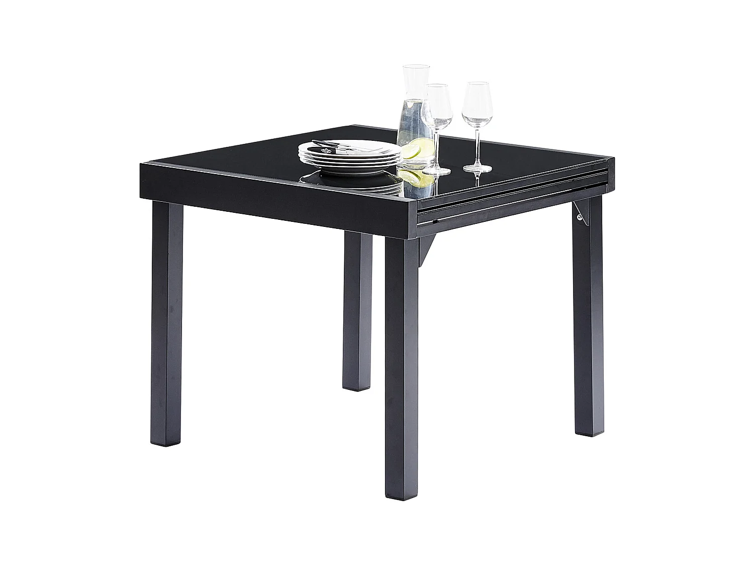 Table Modulo 4/8 personnes structure en aluminium noire, plateau en verre noir