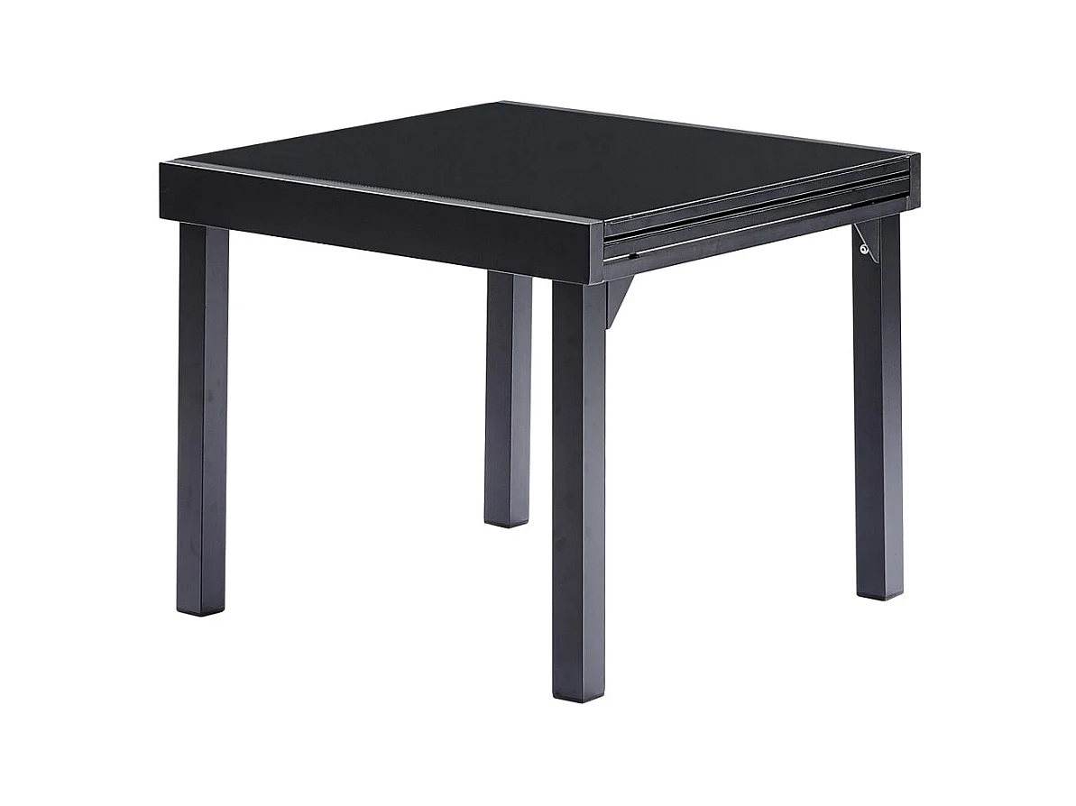 Table Modulo 4/8 personnes structure en aluminium noire, plateau en verre noir