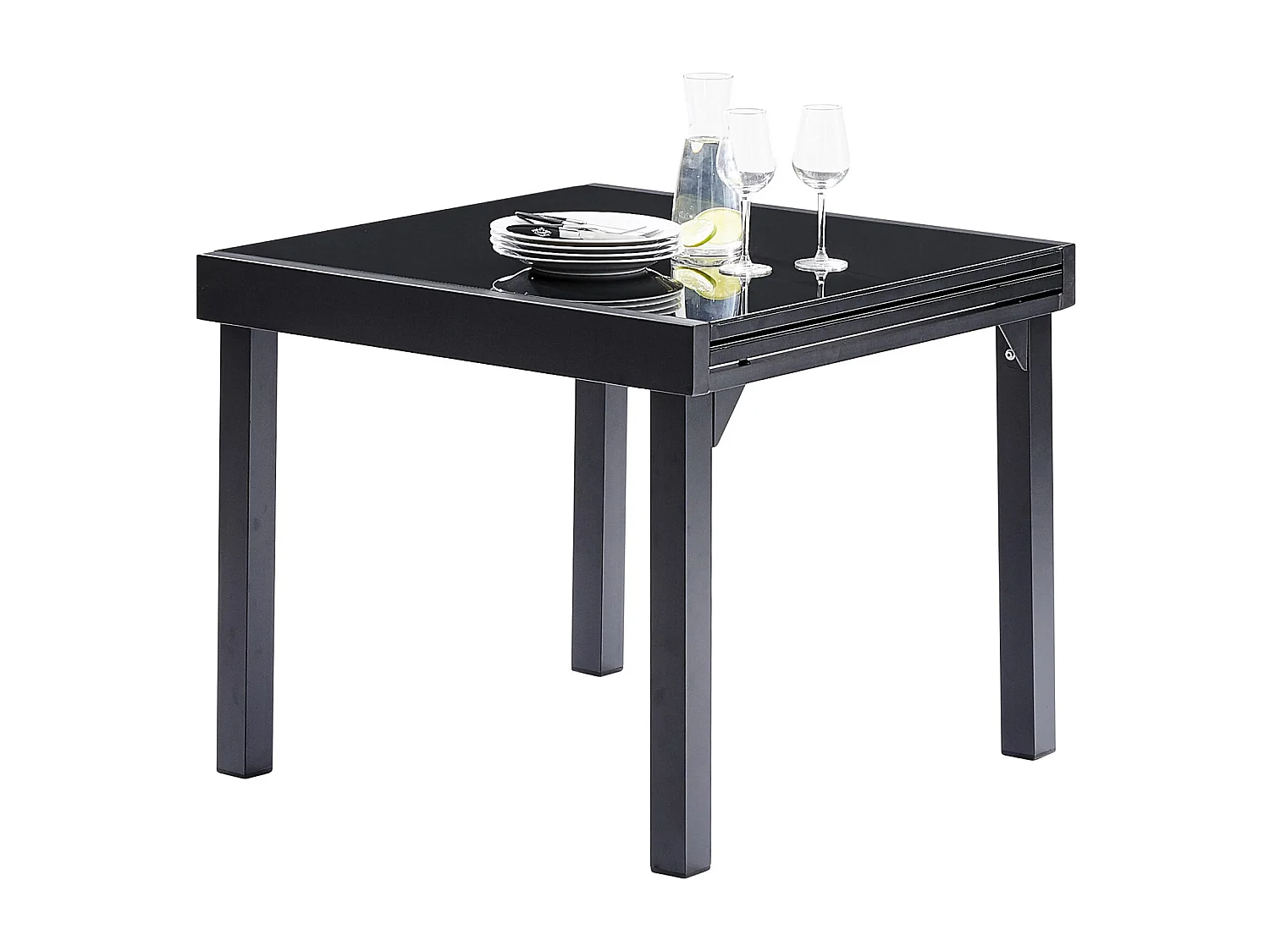 Table Modulo 4/8 personnes structure en aluminium noire, plateau en verre noir
