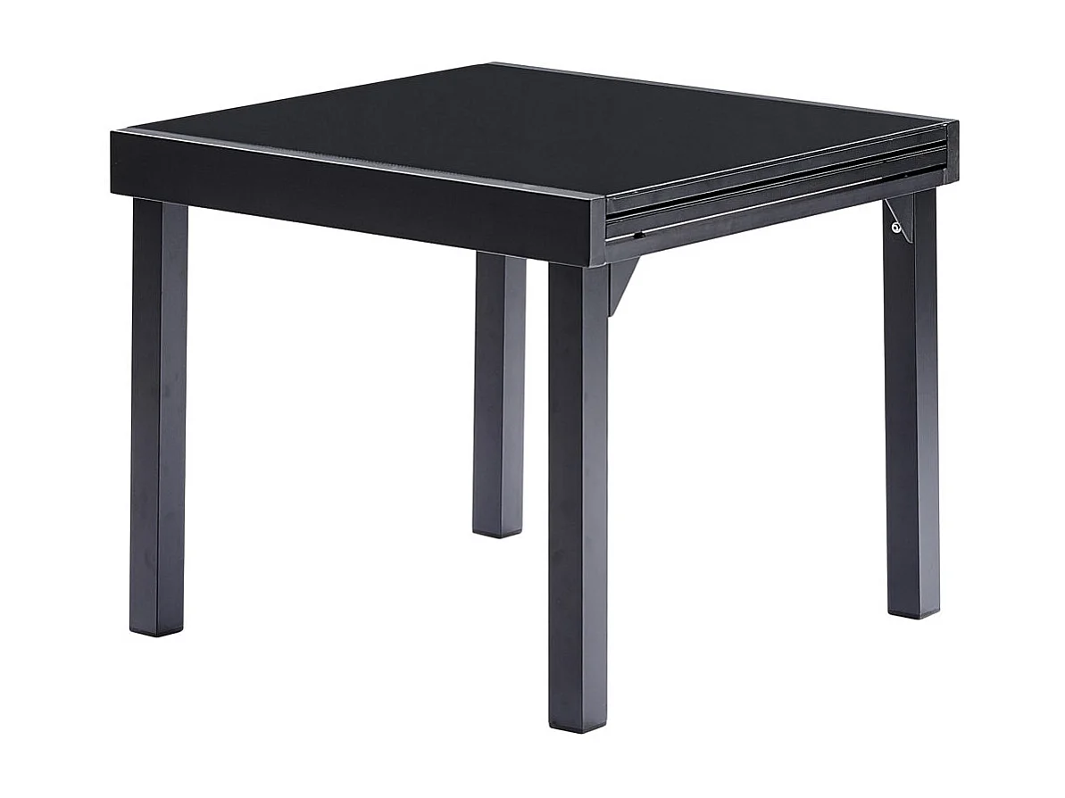 Table Modulo 4/8 personnes structure en aluminium noire, plateau en verre noir