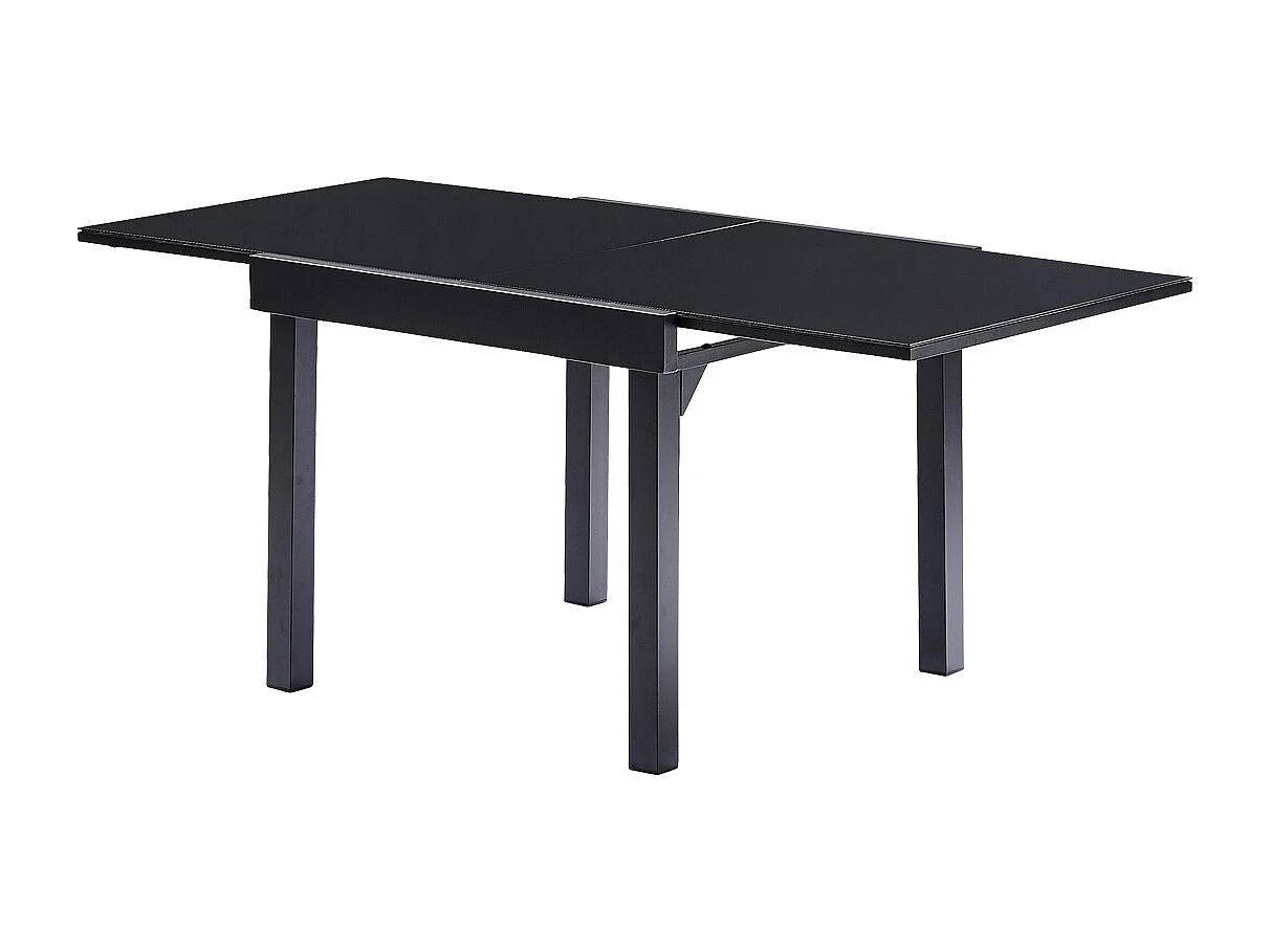 Table Modulo 4/8 personnes structure en aluminium noire, plateau en verre noir